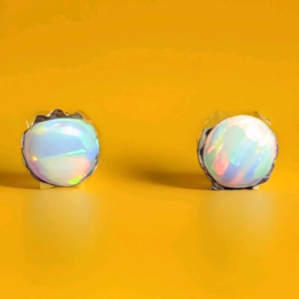 Round Blue Fire Opal 925 Sterling silver stud post earrings Native Made